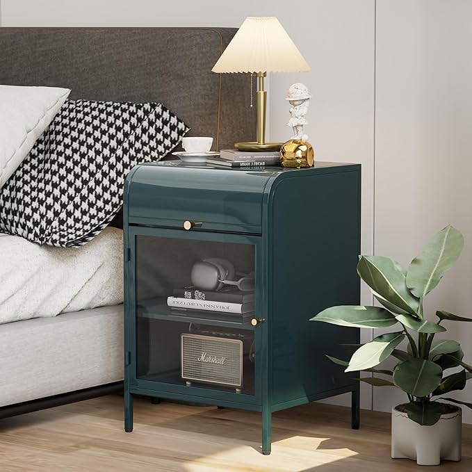 Modern Metal Side Tables Set of 2, End Tables with Glass Door, 2-Tier Nightstands with Storage Shelves, Accent Table, Slim Sofa Table for Living Room, Bedroom (Green)-Ruum Studio Home