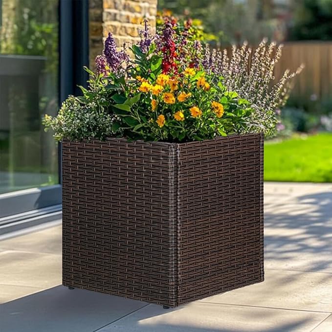 LEWIS&WAYNE Large Square Planter Box Handmade Wicker Tall Planters for Outdoor Plants with Removable Liners Modern Planter for Indoor Outdoor Garden Patio Front Porch - Brown, 17''x17''x18''-Ruum Studio Home
