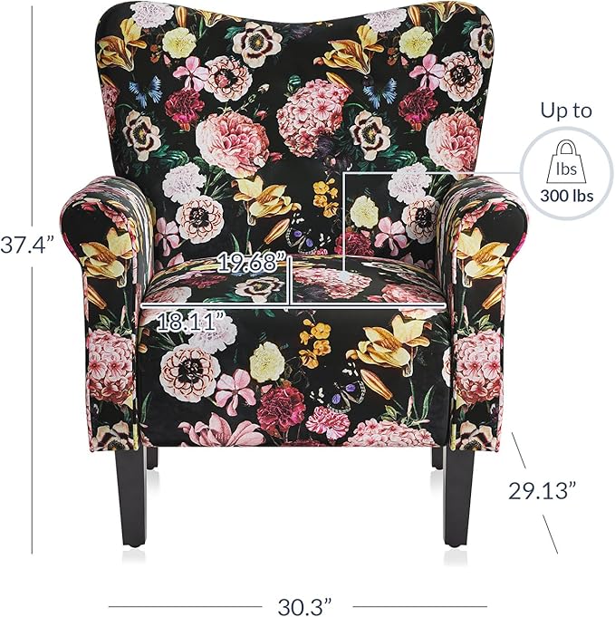 BELLEZE Modern Accent Chair for Living Room, High Back Linen Armchair with Wooden Legs, Upholstered Wingback Side Chair Padded Armrest Single Sofa for Living Room, Bedroom - Allston (Black & Flower)-Ruum Studio Home