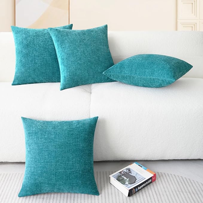 CaliTime Throw Pillow Covers Decorative 18 X 18 Inches Pack of 4 Cozy Chenille Cushion Cases for Couch Sofa Bed Living Room Home Lake Blue-Ruum Studio Home