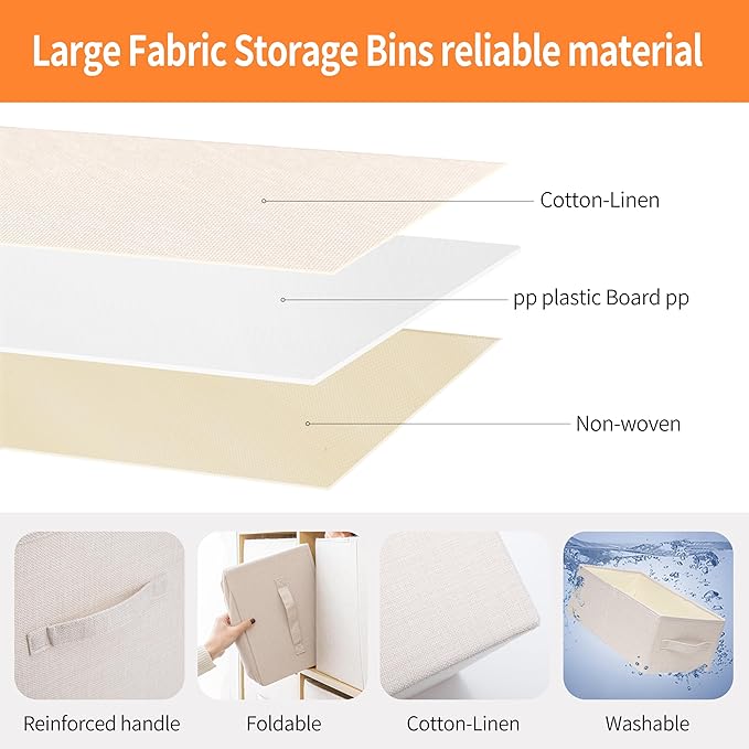 Linen Folding Storage Bins, 3 Pack Large Storage Baskets, Washable, Clothing Storage Bins with Handle, Closet Organizer for Storage Sweater,Sheets(Beige, 18½"x11" x8½")-Ruum Studio Home