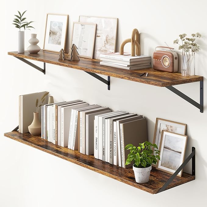 Floating Shelves 55 Inch Long, 10" Deep Floating Shelves, Wall Shelves 55 x 10, Set of 2, Wide Large Display Storage Shelves for Bathroom, Living Room, Rustic Wood Shelves with Brackets, Rustic Brown-Ruum Studio Home