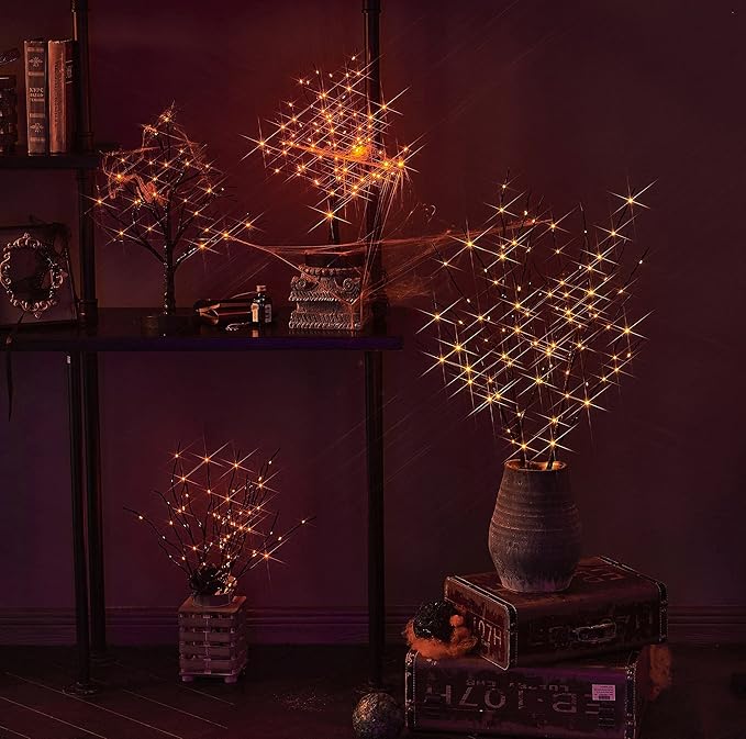 LITBLOOM Lighted Spooky Halloween Tree with Timer Battery Operated or USB Plug in, Pre-lit Black Glittered Tabletop Tree with Orange Lights 24L 18IN for Halloween Home Party Decoration Indoor-Ruum Studio Home