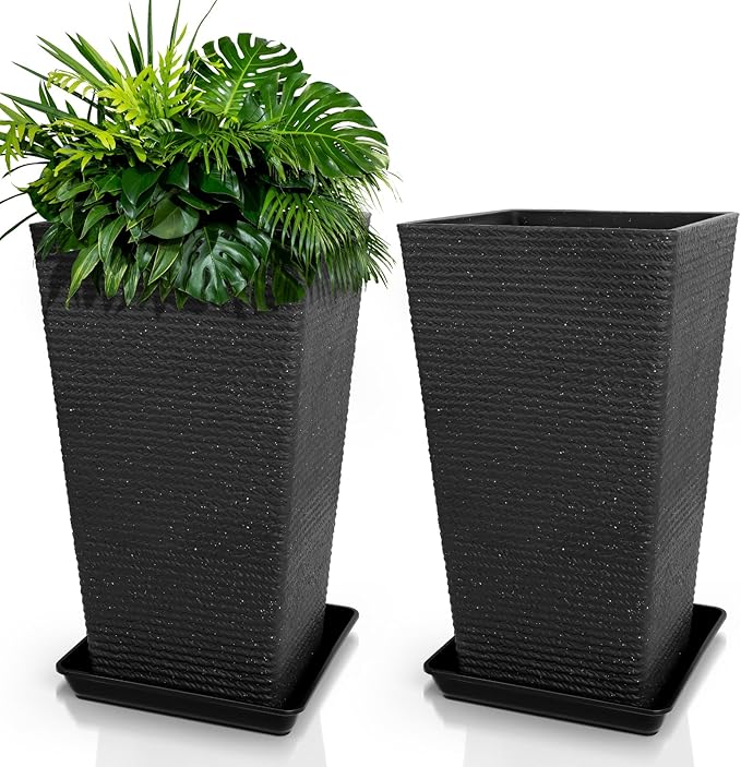 Tall Black Planter Set of 2 for Outdoor Indoor Plants,21.3in Large Tapered Plant Pots with Drainage Trays Holes,Resin Extra-Thick Flower Pots for Outdoor Patio Front Porch Backyard Decor-Ruum Studio Home