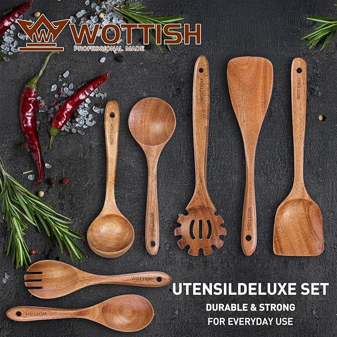Wooden Utensil Set,WOTTISH 7Pcs Nonstick Wood Spatula,Wooden Kitchen Utensils Set Non Toxic,Wooden Spoons for Cooking（A07）-Ruum Studio Home