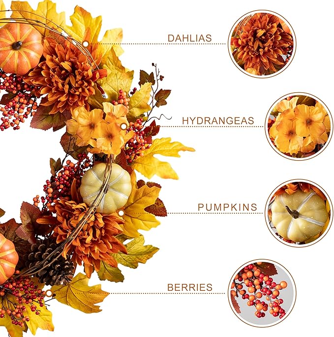 Glitzhome 24 inch Artificial Fall Wreath Decor, Autumn Maple Leaf Wreath for Front Door with Dahlia Pumpkin, Leaf and Berry Wreaths for Autumn Harvest Thanksgiving Halloween Decor-Ruum Studio Home