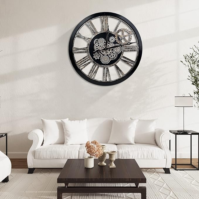 HOIBAI Large Wall Clock, Wall Clocks for Living Room Decor 36 Inch Farmhouse Vintage Rustic Kitchen Wall Decor Vintage Roman Oversized Wall Clock for Home Bedroom House, Moving Gears Clock-Ruum Studio Home