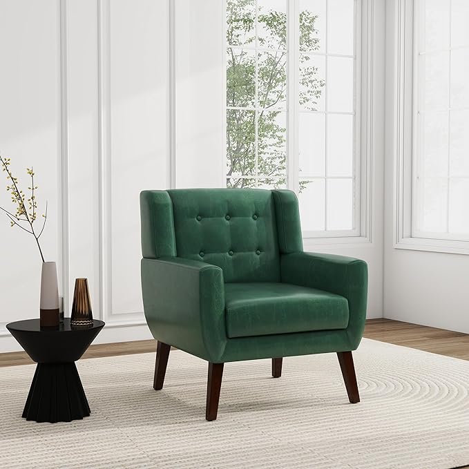 UIXE Faux Leather Accent Chair, Modern Arm Club Chair Upholstered Armchair for Living Room, Comfy Single Sofa Seats Button Tufted Reading Seating, Green-Ruum Studio Home