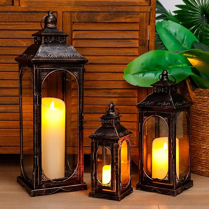 TRIROCKS Set of 3 Vintage Candle Lanterns 10/14/19.5''H Decorative Outdoor Lantern Metal Candle Holder with Tempered Glass for Home Living Room Garden Yard Event Indoor Outdoor (Black with Gold Brush)-Ruum Studio Home