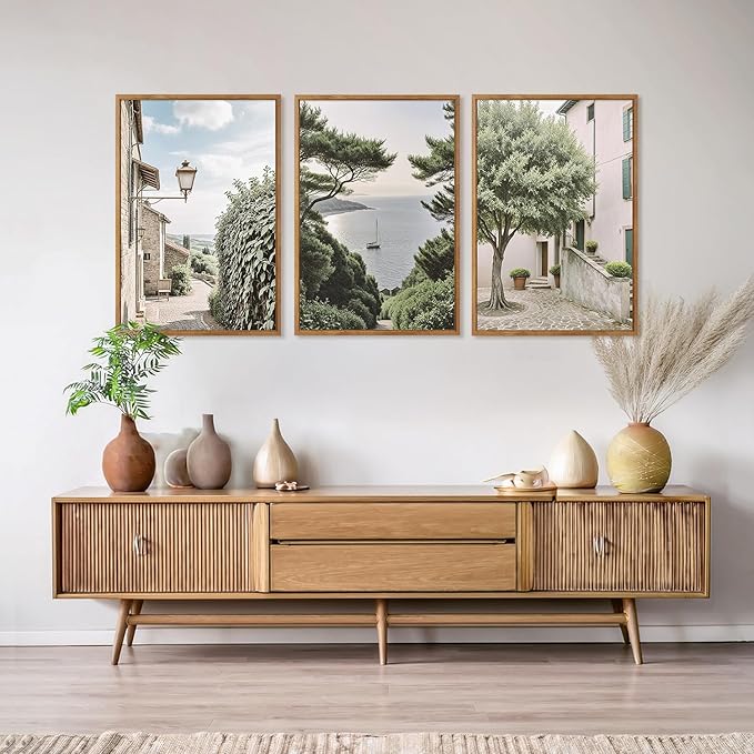 Aurlan Neutral Italy Cityscape Gallery Framed Wall Art(16"x24"), 3PCS Vintage Mediterranean Countryside Landscape Canvas Artwork, Large Town Coast Streets Travel Decor Prints for Office Home-Ruum Studio Home