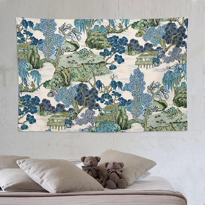 Chinoiserie Tapestry, Asian Watercolor Abstract Art, Japanese Wall Tapestry, Nature Landscape Tapestries for Bedroom, Living Room Decor 90"x60"-Ruum Studio Home