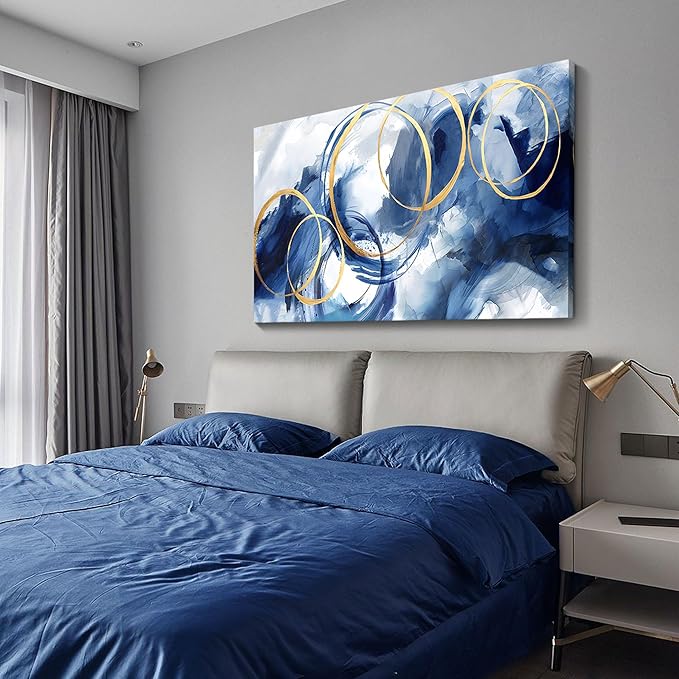 AJAZIKO Blue Abstract Wall Art Modern Art Wall Decor Artwork For Walls Living Room Large Painting Size 20x40 Office Pictures For Wall Navy Gold Contempor Decorations For Bedroom-Ruum Studio Home