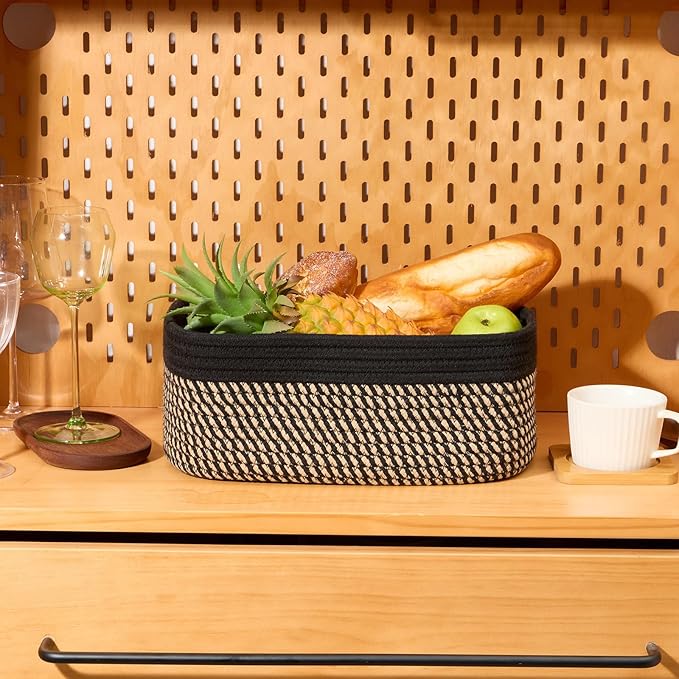 Small Storage Baskets for Organizing | Closet Organizer Bins | Shelf Toy Basket | Woven Rope Baskets | Cube Decorative Box | Shallow Basket | 13x8.5x5.1” | 3 Packs Black Brown-Ruum Studio Home