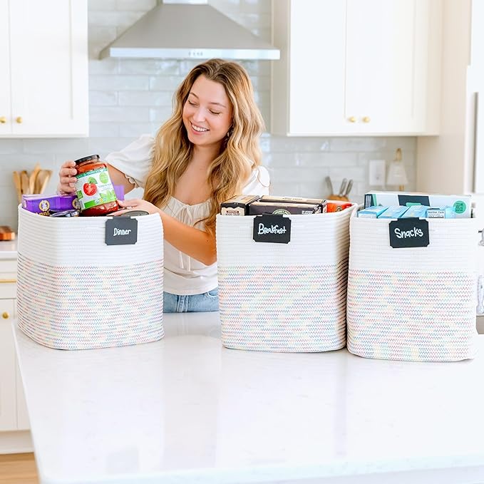 NaturalCozy 13x15x13 Kallax Storage Cubes Bins, 3 Pack | Cotton Rope Cube Storage Bin Woven Baskets for Organizing | Kallax Insert Storage Baskets for Shelves Organizer, Kids Toy, Closet Baby Nursery-Ruum Studio Home