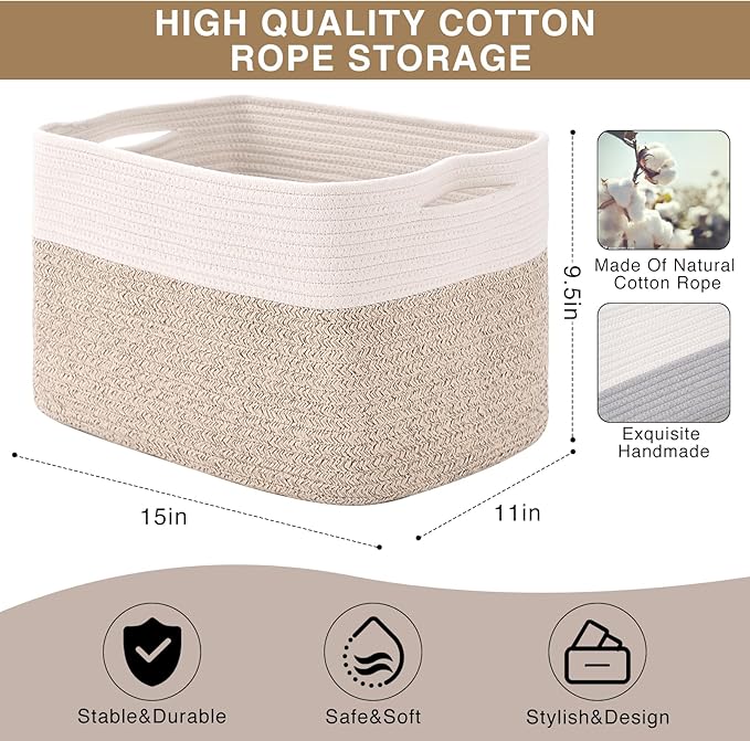 Storage Baskets for Organizing, Woven Cotton Rope Basket for Storage Books, Baby Organizing Baskets, Toy Storage Basket, 15"x11"x9.5", 3 Packs, Off White & Brown-Ruum Studio Home