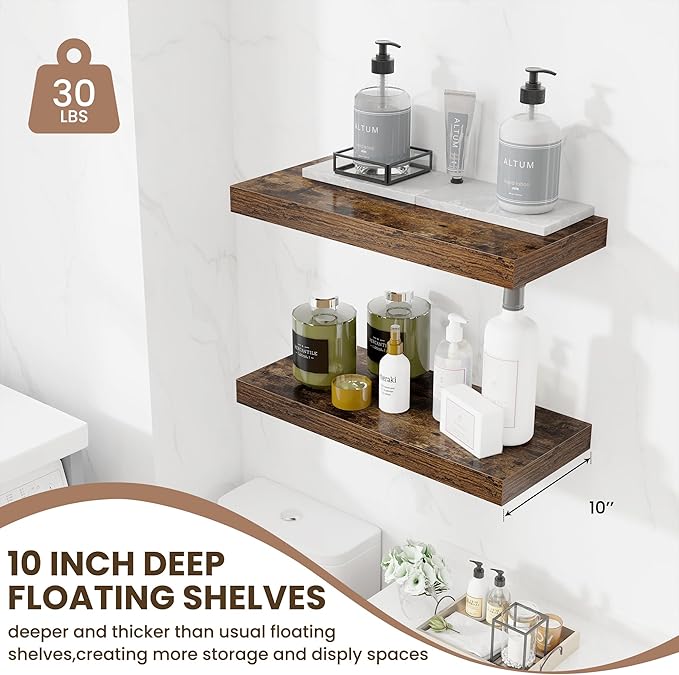 Fun Memories 24 Inch Floating Shelves Wall-Mounted, 10 Inch Deep Wall Shelves, 24 x 10 Floating Shelf for Living Room Bathroom Bedroom, Rustic Brown, Set of 2-Ruum Studio Home