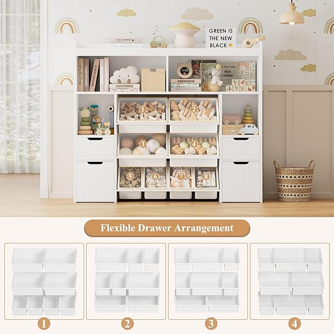 HORSTORS 55" W Toy Storage Organizer with Drawers, Large Kids Toy Storage Box with Removable Bins, Tall Kids Bookshelf and Bookcase for Boys and Girls, Modern Toy Chest for Playroom, Classroom, White-Ruum Studio Home
