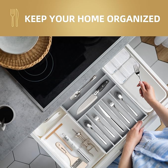 Silverware Organizer 13 Inch Gray Bamboo Kitchen Drawer Organizer 7 Slots Utensil Organizer Silverware Holder Cutlery Organizer Flatware Tray (Large)-Ruum Studio Home