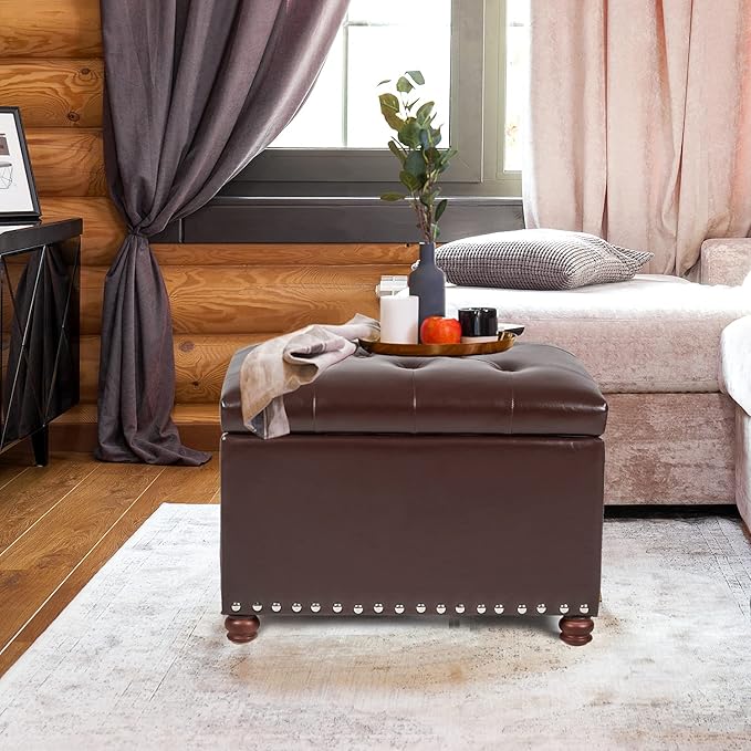 Leather Storage Ottoman Bench Foot Rest Stool with Nailhead Trim (Dark Brown - Button Tufted Leather)-Ruum Studio Home