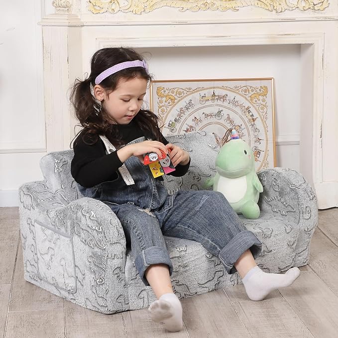Kids Extra Wide Glow in The Dark Chairs for Toddler, 2-in-1 Toddler Soft Sherpa Couch Fold Out, Convertible Sofa to Lounger for Girls and Boys, Dark Grey-Ruum Studio Home