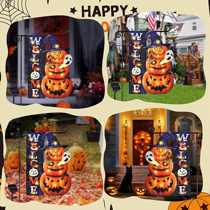 Halloween Lighted Garden Flag, Solar Yard Flag for Outside, 8 Modes Double Sided Welcome Halloween Pumpkin Outdoor Decorations for Home Porch (Pumpkin-12x18)-Ruum Studio Home
