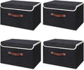 ANMINY 4PCS Storage Bins with Lid PU Leather Handles Storage Boxes PP Plastic Board Decorative Foldable Lidded Cotton Linen Fabric Home Cubes Baskets Closet Organizer Containers - Black, Large Size-Ruum Studio Home