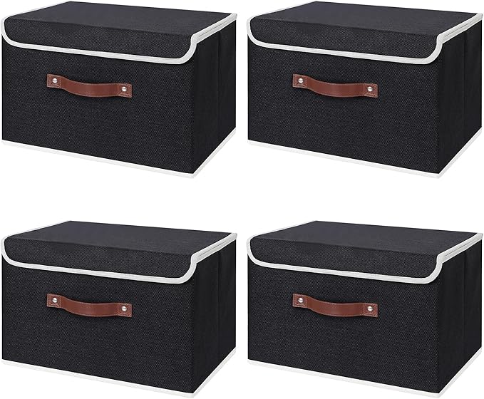 ANMINY 4PCS Storage Bins with Lid PU Leather Handles Storage Boxes PP Plastic Board Decorative Foldable Lidded Cotton Linen Fabric Home Cubes Baskets Closet Organizer Containers - Black, Large Size-Ruum Studio Home