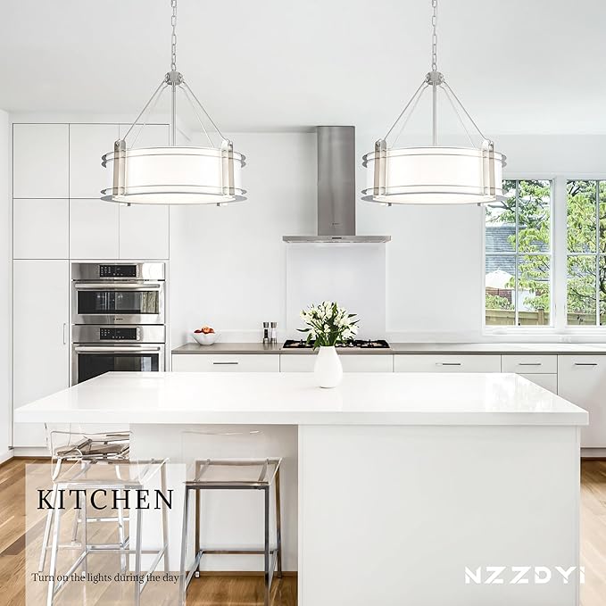 20.4''Drum Chandelier,5-Light Brushed Nickel Modern White Fabric Chandeliers,Farmhouse Round Pendant Light Fixture for Dining Room Kitchen Island Living Room Bedroom Hallway-Ruum Studio Home