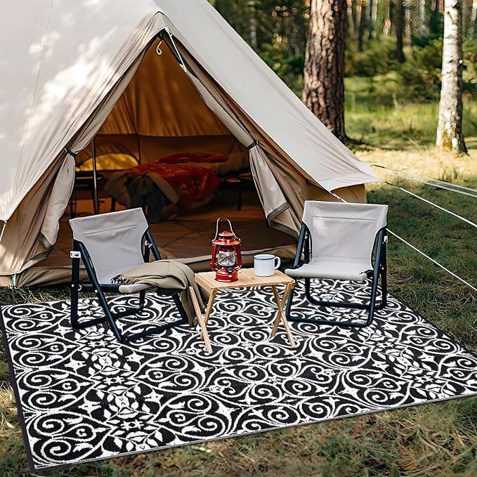 OLANLY Outdoor Rug Waterproof 8x10 ft Clearance, Reversible Outdoor Plastic Straw Rug with Floral Pattern, RV Mat for Patio, Camping, Balcony, Deck, Backyard, Black & White-Ruum Studio Home