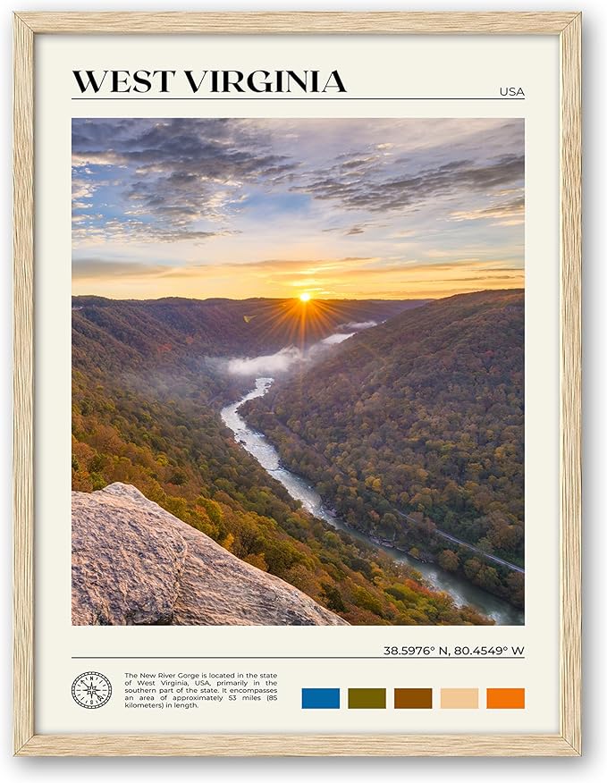 HesenDot Natural OAK Wood Framed West Virginia Wall Art,12x16in New River Gorge Quality Canvas Wall Print,Classic Urban Landmark Wall Decor for Living Room,Bedroom,Office Gallery Gifts Set of 1-Ruum Studio Home