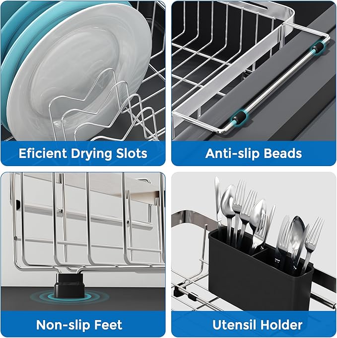 MAJALiS Expandable in Sink Dish Drying Rack - Adjustable Capacity (11.3''-17''L) Stainless Steel Over Sink Dish Drainers Rack for Kitchen Sink with Utensil Holder, Silver-Ruum Studio Home