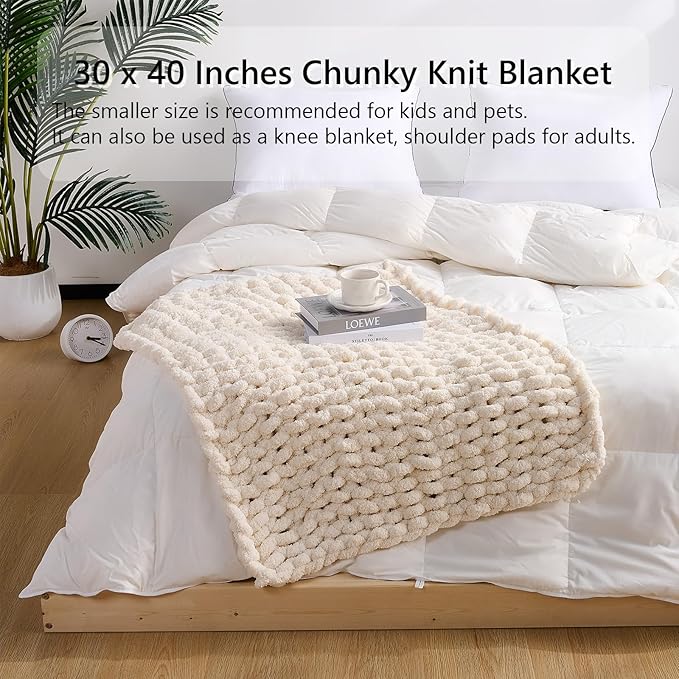 L'AGRATY Chunky Knit Blanket Throw: 30''x40'' Chenille Chunky Knitted Throw Blankets for Bed Couch - Handmade Thick Big Cable Knit Blankets - Large Crochet Rope Blanket for Home Decor(Ivory)-Ruum Studio Home