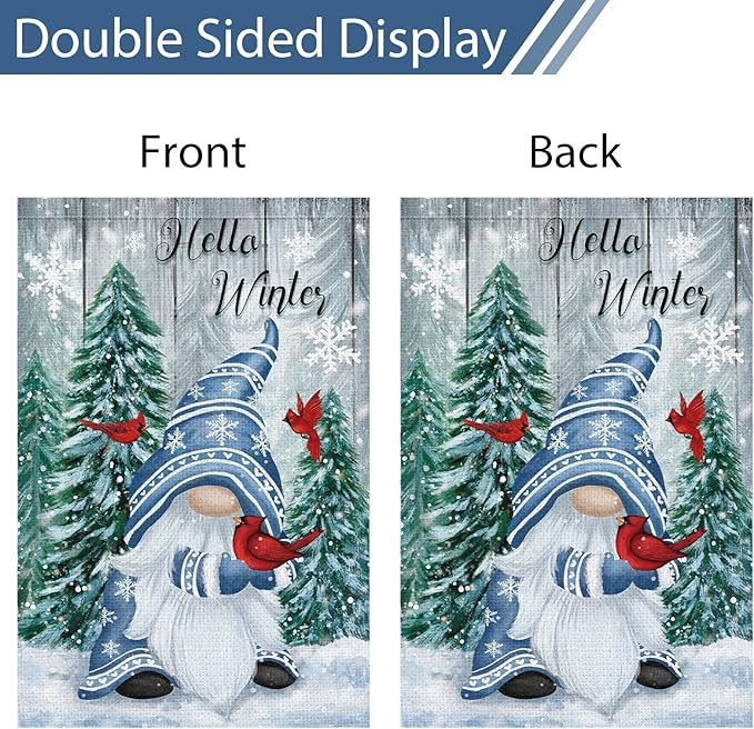 Heyfibro Hello Winter Gnome Garden Flag 28x40 Double Sided Burlap Cardinals Snowflakes Snow Yard Banner for Christmas Seasonal Outside Outdoor House Decoration (ONLY FLAG)-Ruum Studio Home