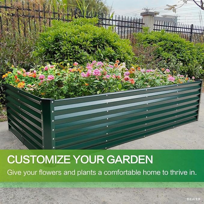 GARDMAX 8x4x2FT Galvanized Raised Garden Bed Kit, Metal Planter Boxes Outdoor with Easy Assembly, Large Garden Bed for Vegetables, Fruits, Flower, Herbs Rectangle Dark Green-Ruum Studio Home