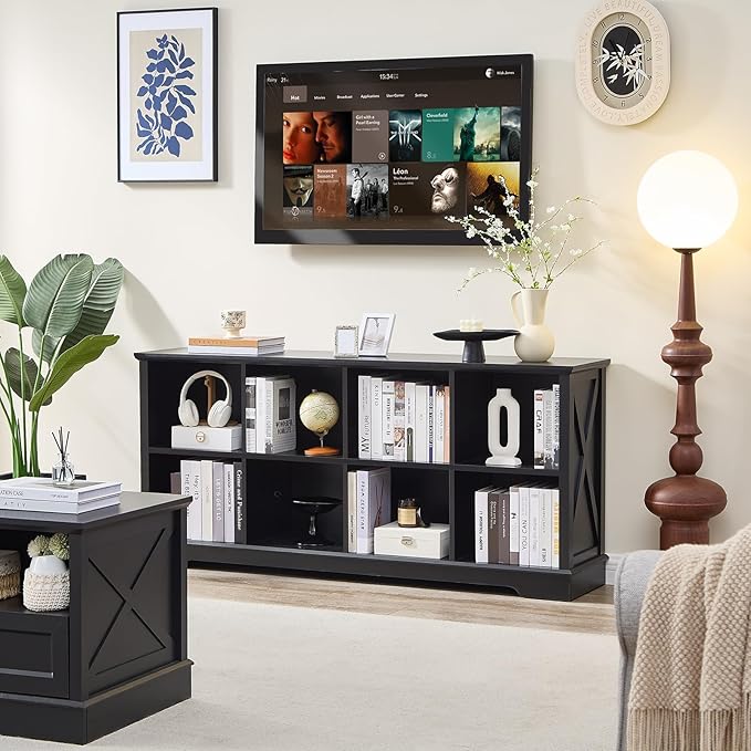Farmhouse 8 Cube Bookshelf, Black Storage Organizer Bookcase, Kids Toy Storage Cabinet, Long Bookshelves Storage Organizer Shelf, Wood Display Cabinet Book Shelves for Bedroom,Living Room,Office-Ruum Studio Home