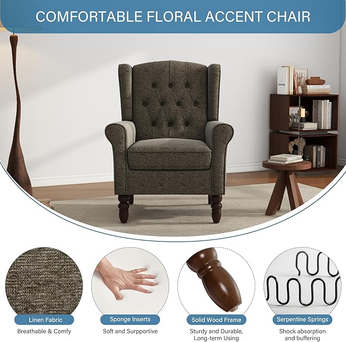 UIXE High Back Accent Chairs Set of 2, Upholstered Armchair in Fabric, Retro Wingback Arm Chair for Living Room, Comfy Single Sofa Bedroom Reading Seat with Solid Wood Legs - Taupe-Ruum Studio Home