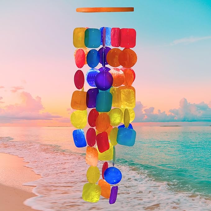 Bellaa 22890 Wind Chimes Outdoor, Garden Decorations, Musical, Indoor/Outside Windchimes, Beach, Ocean Breeze, Gifts for Mom, Gift for All Occasions, Capiz Sea Glass Shells Wood 27 inch Rainbow-Ruum Studio Home