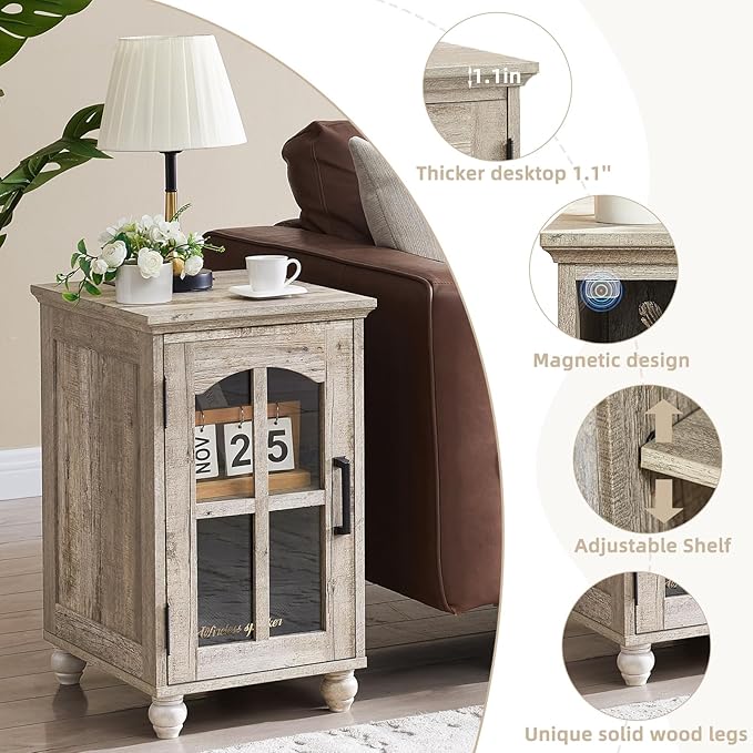 Narrow Side Table Set of 2,Farmhouse Nightstand with Charging Station,End Table with Glass Barn Door Storage, Cabinet Organizer with Adjustable Shelf, Night Stand for Small Spaces Living Room Bedroom-Ruum Studio Home