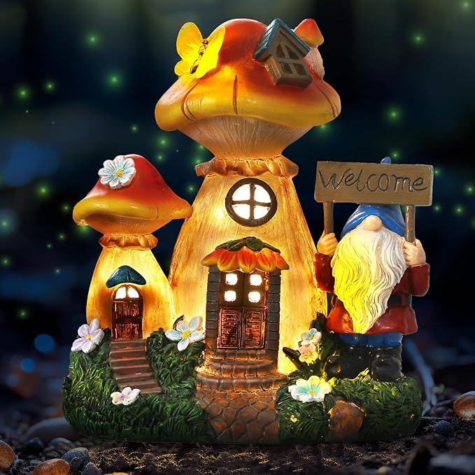 Solar Garden Statue Lights Mushroom Fairy House Figurine, Outdoor Memorial Garden Ornaments Waterproof Decoration for Outside Patio Yard Lawn Decor-Ruum Studio Home