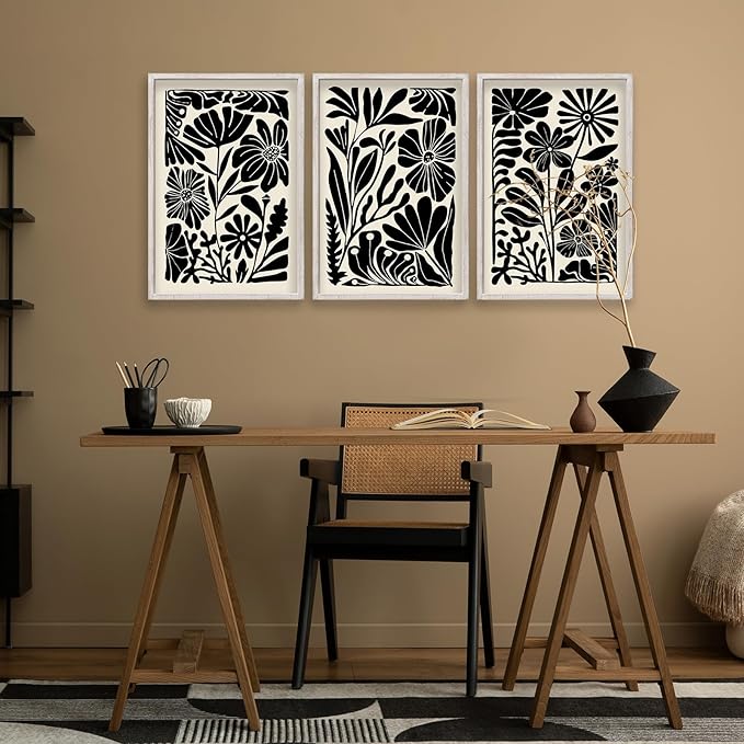 Abstract Floral Botanical Wall Art 16x11 Inch 3 Piece Black Vintage Boho Plant Flower Minimalist Wood Frame Sign Home Living Room Family Office Mid Century Print Wall Hanging Decor (White)-Ruum Studio Home