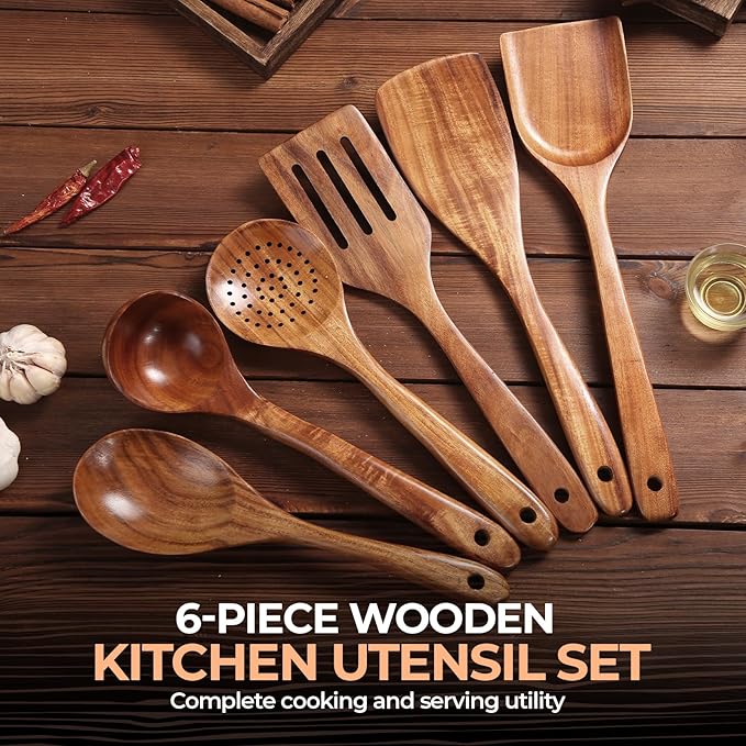 AIUHI Nonstick Natural Wooden Kitchen Utensils Set, Smooth Finish Teak Wood Spoons for Cooking, Comfortable Grip Spatula for Elaborate Cooking 6Pcs-Ruum Studio Home