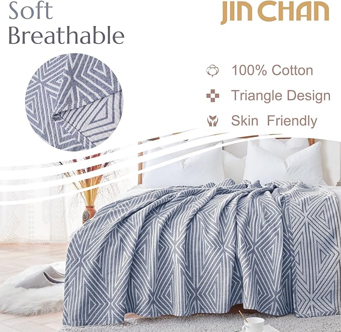 jinchan Boho 100% Cotton Blanket Muslin Lightweight Twin Size Quilted Throw Blanket for Couch Soft Cozy All Season Blanket 3-Layer Floral Throw Cotton Blanket for Bedroom Decor Blue 60x80 Inches-Ruum Studio Home