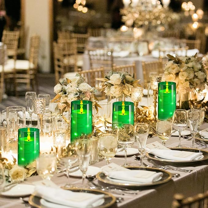 NURADA Flickering Flameless Candles: Built-in Star String Acrylic Battery Operated LED Pillar Candles with Remote and Timer for Home Party Weddings Christmas Halloween Decor -Green 3 Pack-Ruum Studio Home
