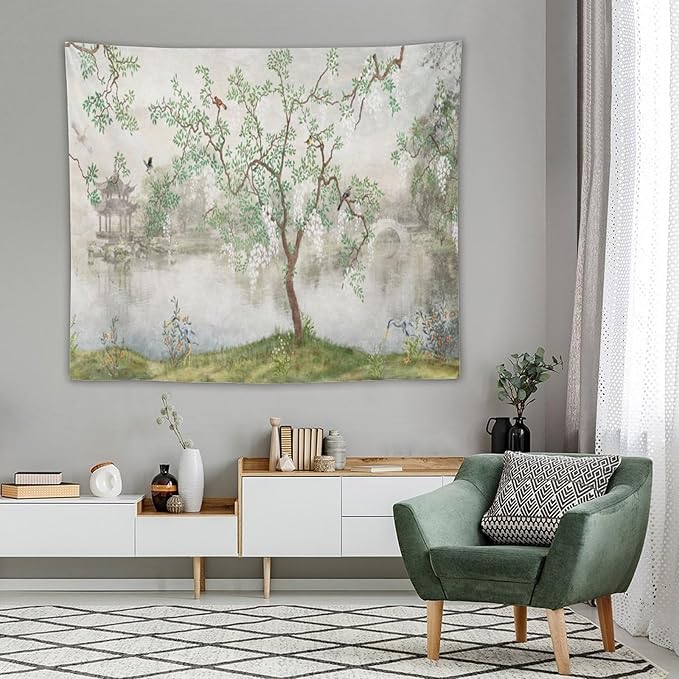 HZOHNAGO Japanese Tapestry Tree Misty Garden Lake Printed Wall Tapestry Ink Painting Wall Hanging for Bedroom Living Room Dorm 60" W x 50" H-Ruum Studio Home