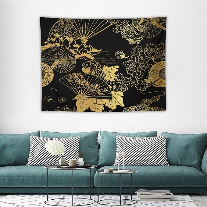 HZOHNAGO Japanese Tapestry Gold Flowers Umbrella Fan Pattern Printed Wall Tapestry Painting Wall Hanging for Bedroom Living Room Dorm 40" W x 30" H-Ruum Studio Home