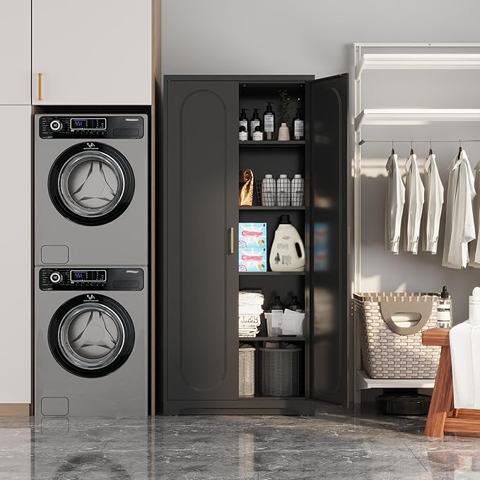 Metal Tall Black Cabinet, 71' Pantry Cabinet with Doors and 4 Adjustable Shelves, for Pantry, Laundry Room, Living Room, Dining Room-Ruum Studio Home