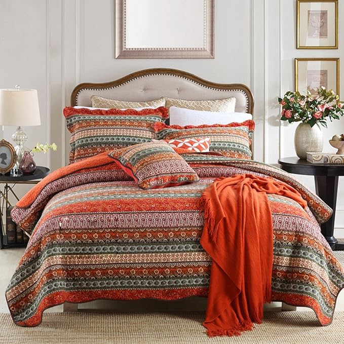 NEWLAKE Striped Classical Cotton 3-Piece Patchwork Bedspread Quilt Sets, King Size-Ruum Studio Home