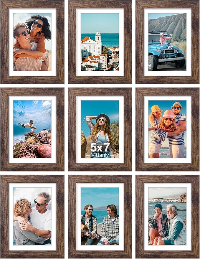 Vittanly 5x7 Picture Frames Set of 9, Shatter Resistant Plexiglass, Display 4x6 Pictures with Mat or 5x7 without Mat, Photo Frames for Wall or Tabletop, Engineered Wood, Brown-Ruum Studio Home