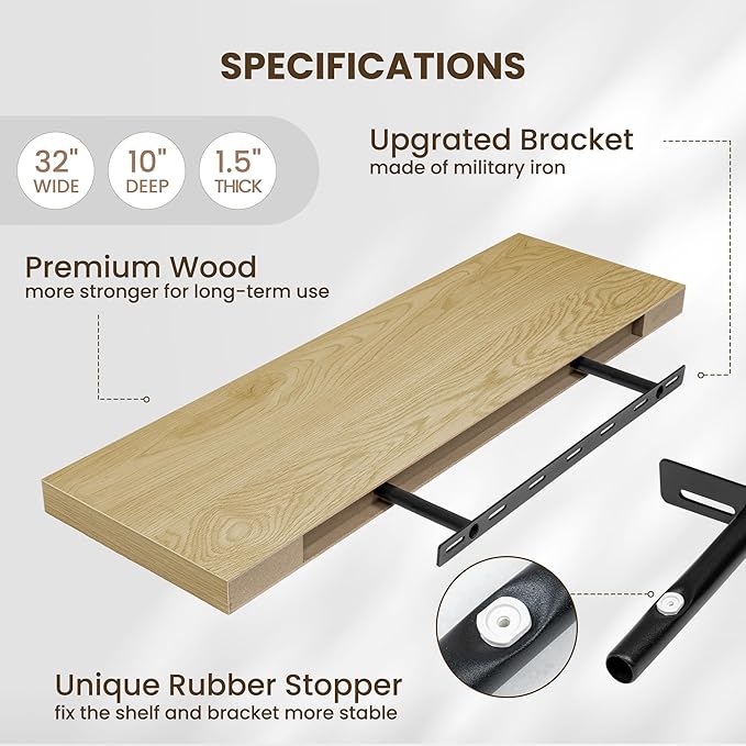 Fun Memories 32 x 10 Floating Shelves Wall-Mounted - Rustic Wood Shelf - 10 Inch Deep Floating Shelves for Wall - Large Storage Shelf for Bathroom - Kitchen & Bedroom - Oak - Set of 2-Ruum Studio Home