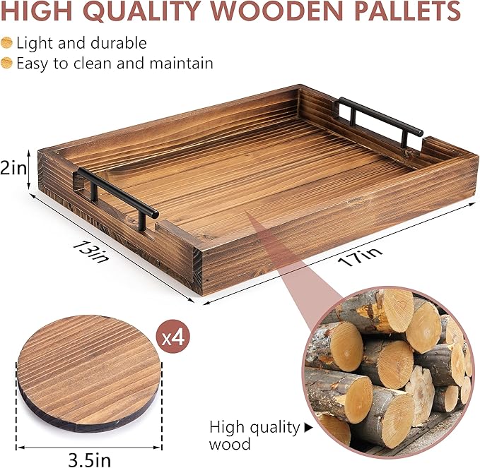 Ottoman Tray | Decorative Coffee Table Tray with Handles - Wooden, 17x13 Inch - Includes 4 Coasters - Ideal for Ottoman, Breakfast-Ruum Studio Home